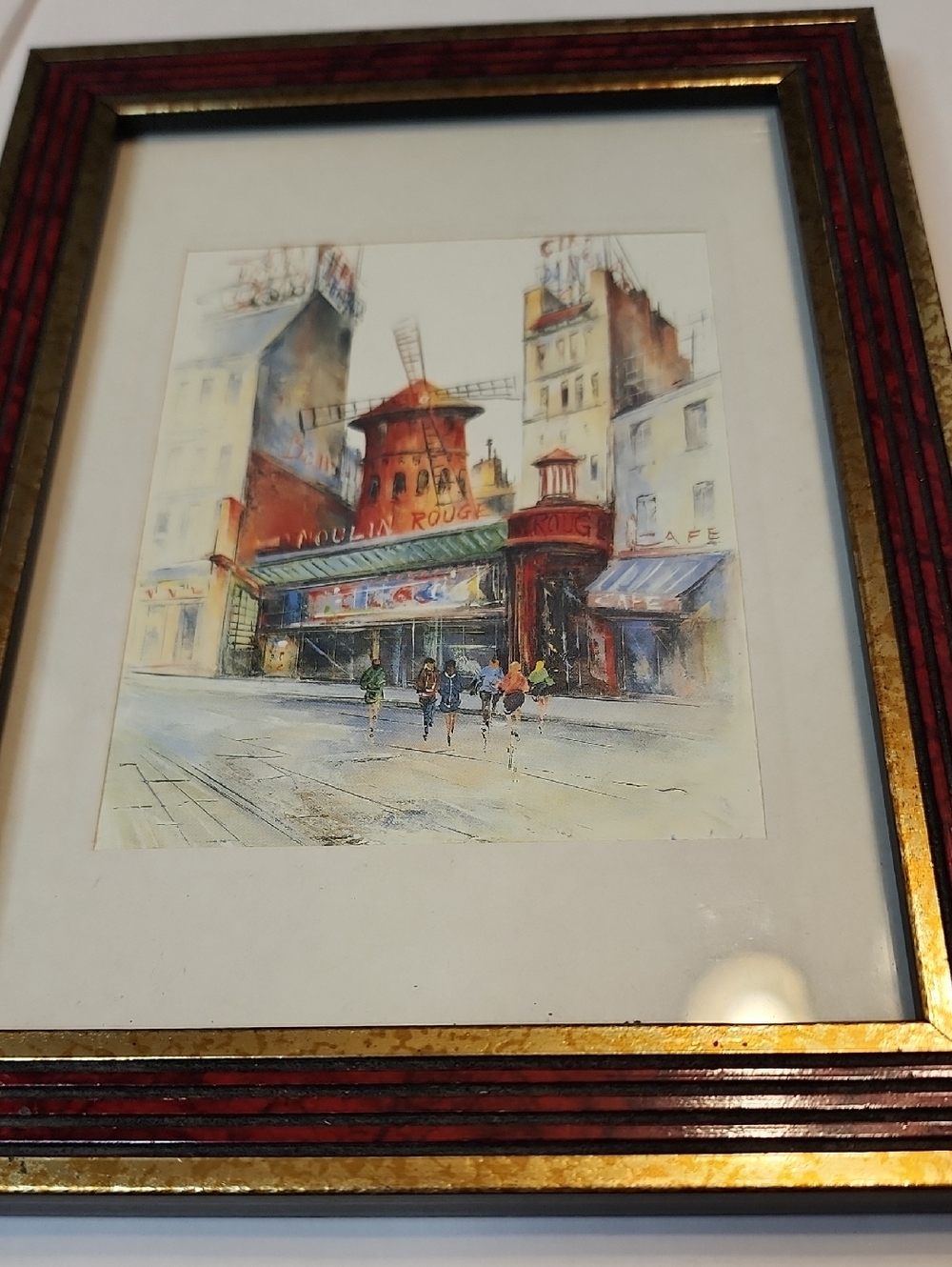 Small Framed Moulin Rouge Watercolor Print With Red and Gold Frame 6" X 8"